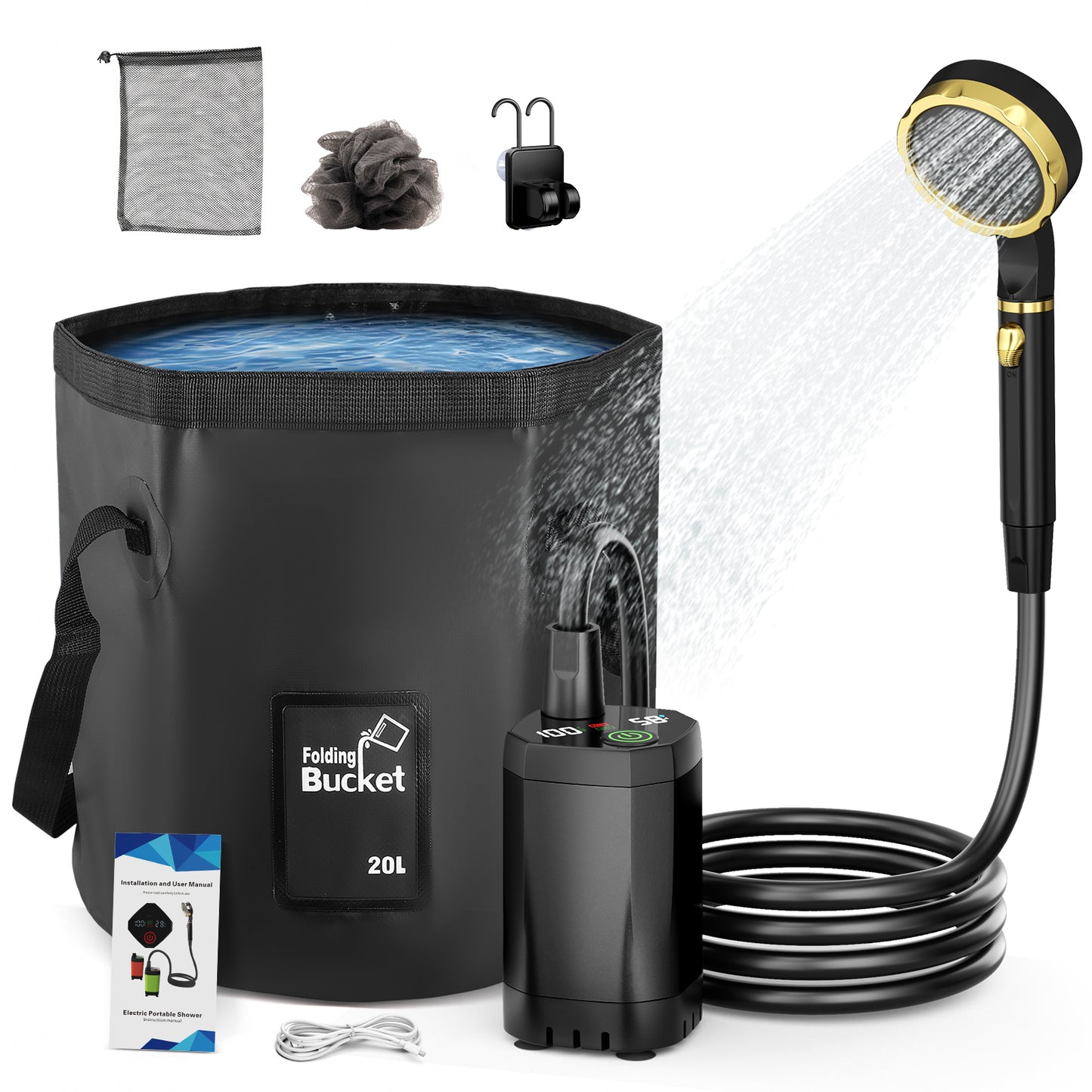 Douche Camping Portable 7800mAh – Kit Douche Extérieure avec Pompe Rechargeable 20L