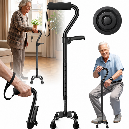 Canne de Marche Pliable 4 Pieds Réglable – Antidérapante, Poignée Ergonomique, Senior & Adulte – Noir