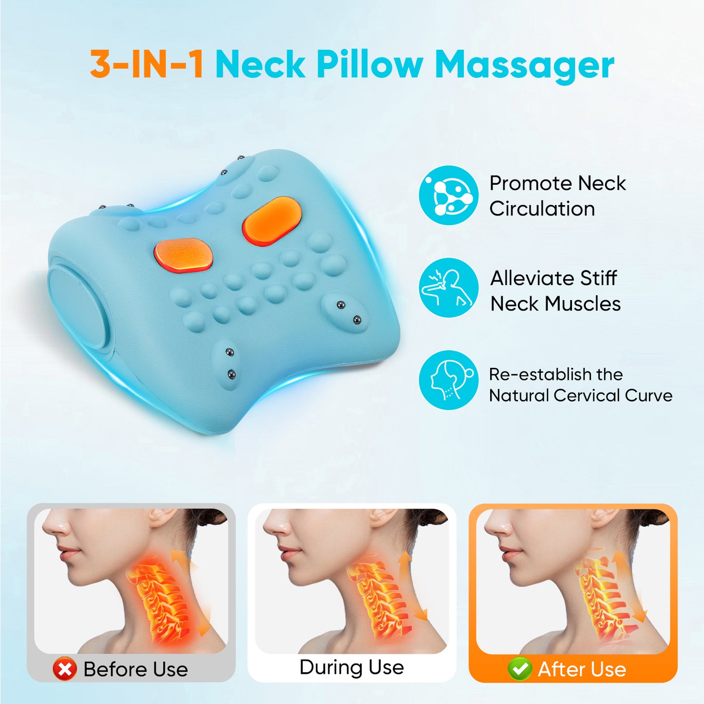 Oreiller de massage électrique 3-en-1 pour le cou avec EMS, vibration et chaleur réglable