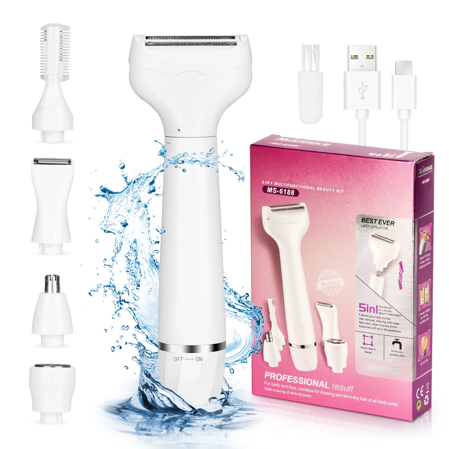 Rasoir Électrique Femme 5-en-1 – Épilateur Visage Sourcils Bikini – Tondeuse Portable Indolore