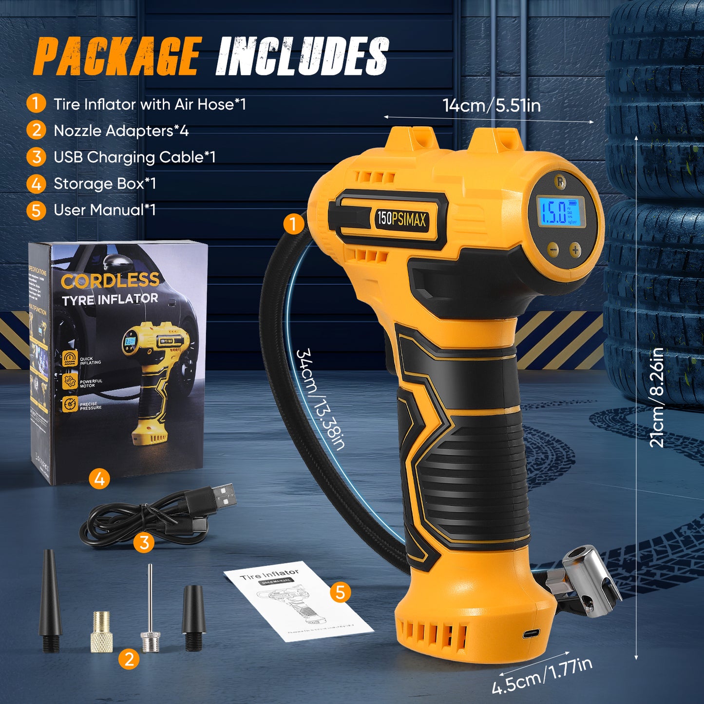 Compresseur d’Air Portable Sans Fil 150 PSI – Pompe Voiture avec 2 Batteries et 4 Embouts