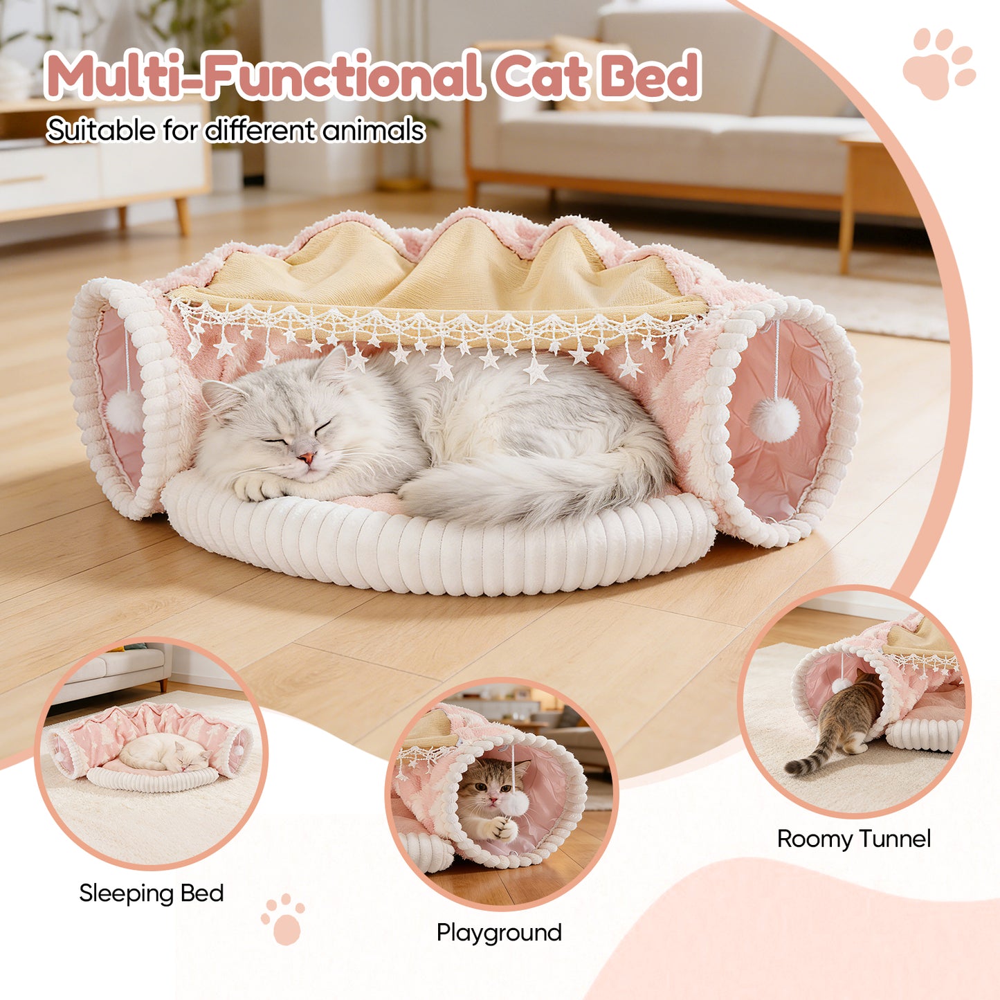 Lit Tunnel Chat 2-en-1 Pliable – Tente Amovible Peluche Douce – Tunnel de Jeu et Repos Chat