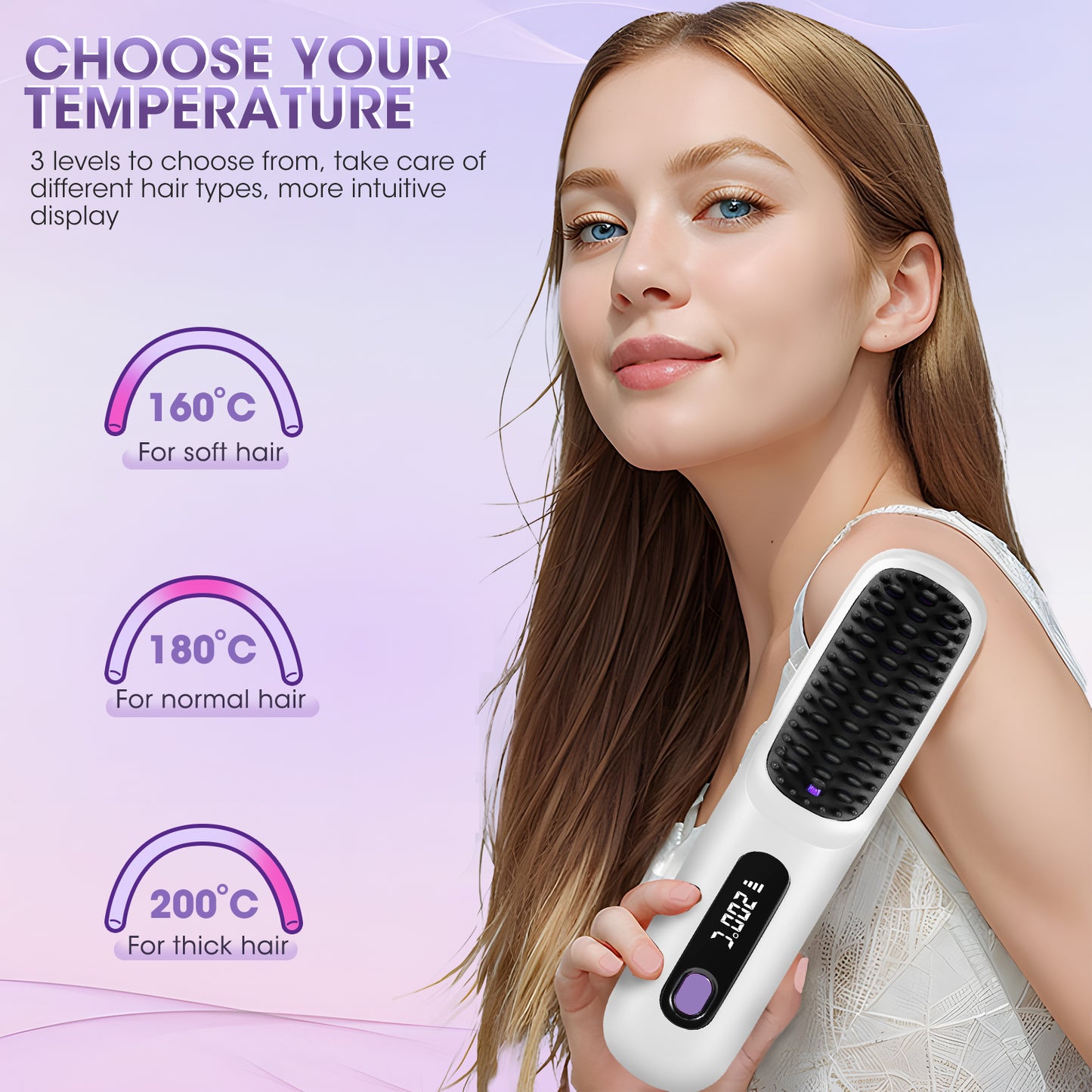 Brosse Lissante Chauffante Électrique – Lisseur Cheveux Température Réglable 160-200°C – Anti-Brûlure – Lissage Rapide Tous Types de Cheveux