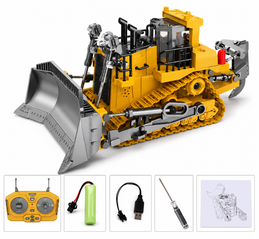 Bulldozer Télécommandé RC 1:24 en Alliage – Engin de Chantier 9 Canaux 2,4 GHz Lame Fonctionnelle | Jouet Construction Rechargeable Enfants