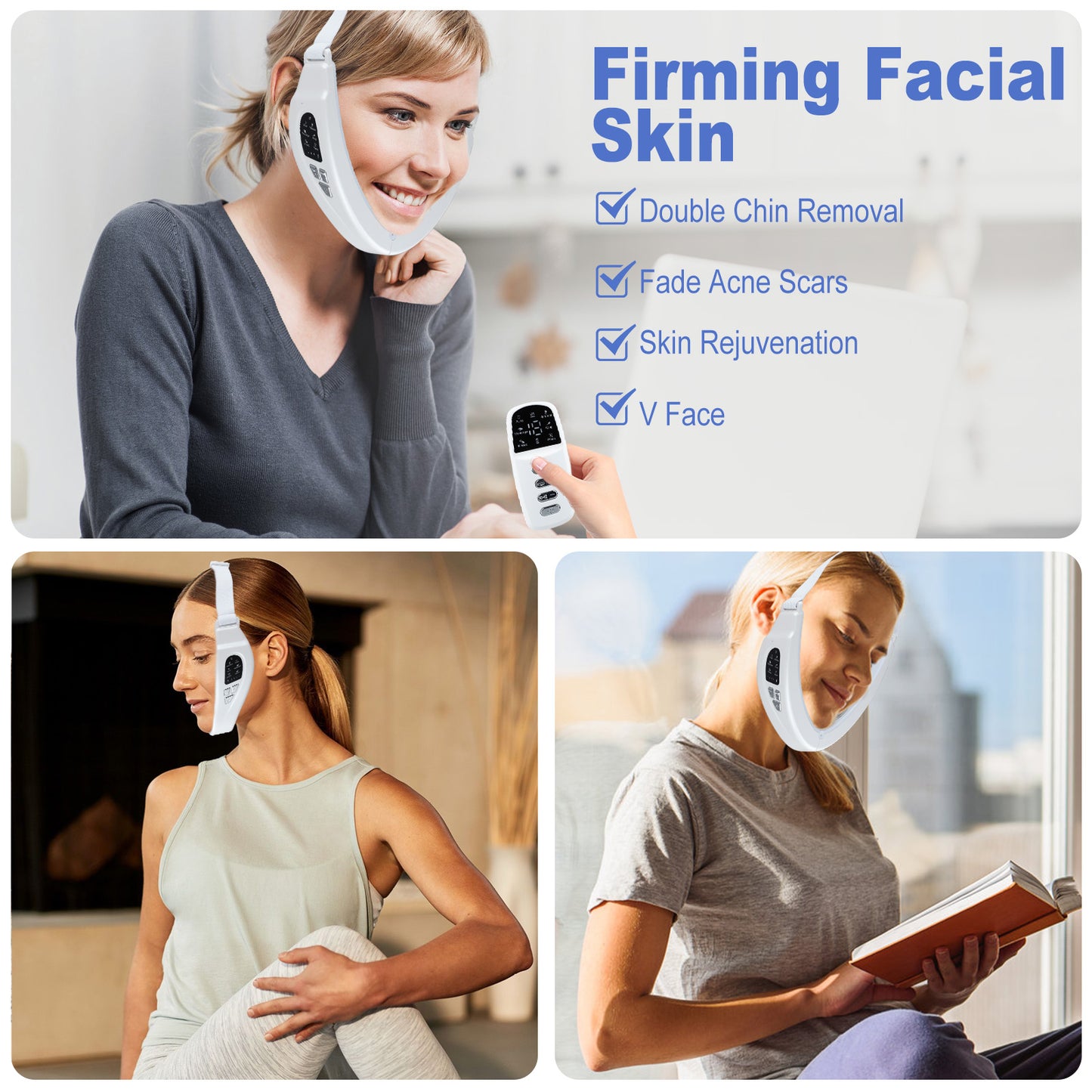 Masseur facial électrique en forme de V avec 6 modes et lumières bleue et rouge