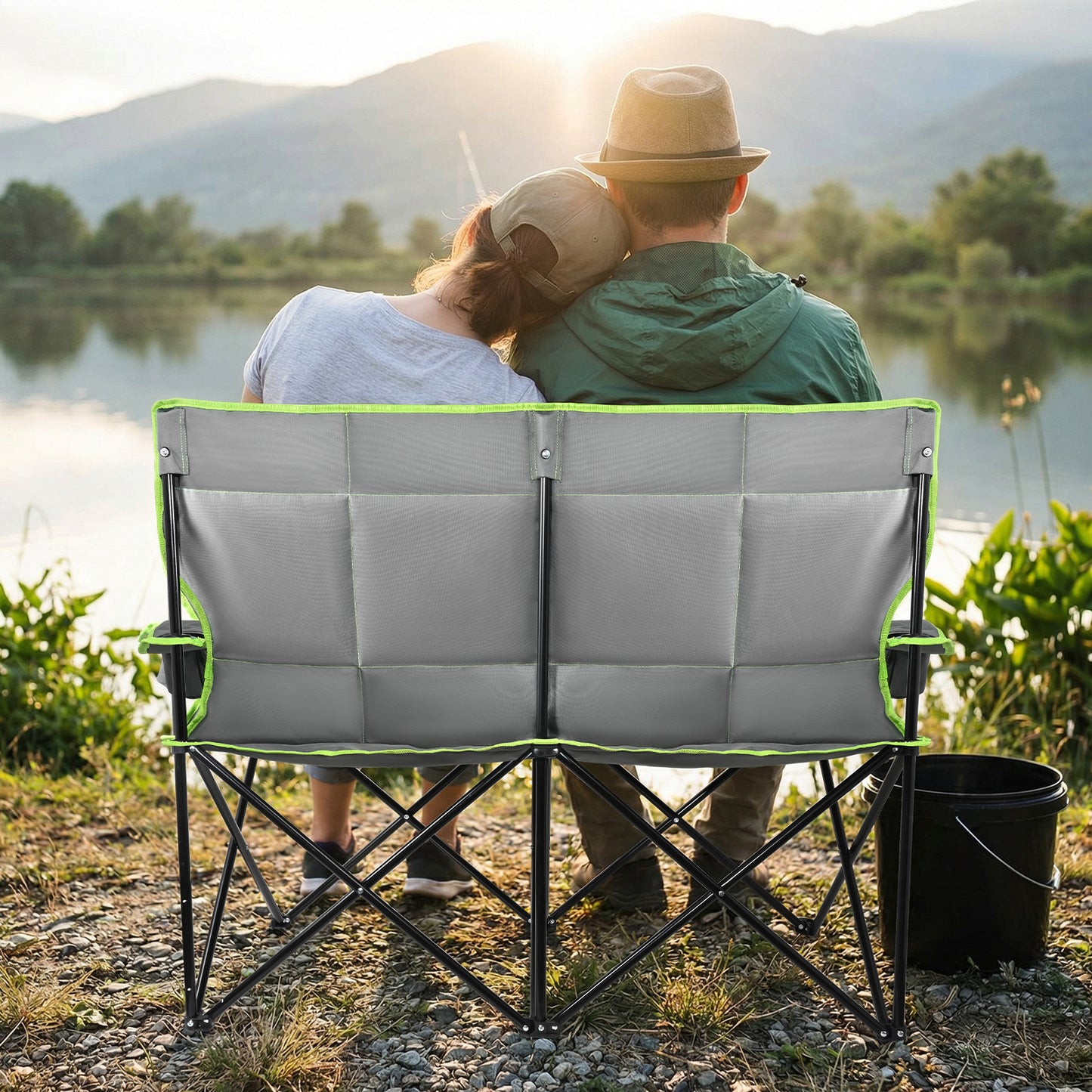 Chaise Pliante Double Camping Extérieur Fauteuil 2 Places Portable Pliable pour Jardin Pêche Plage Terrasse