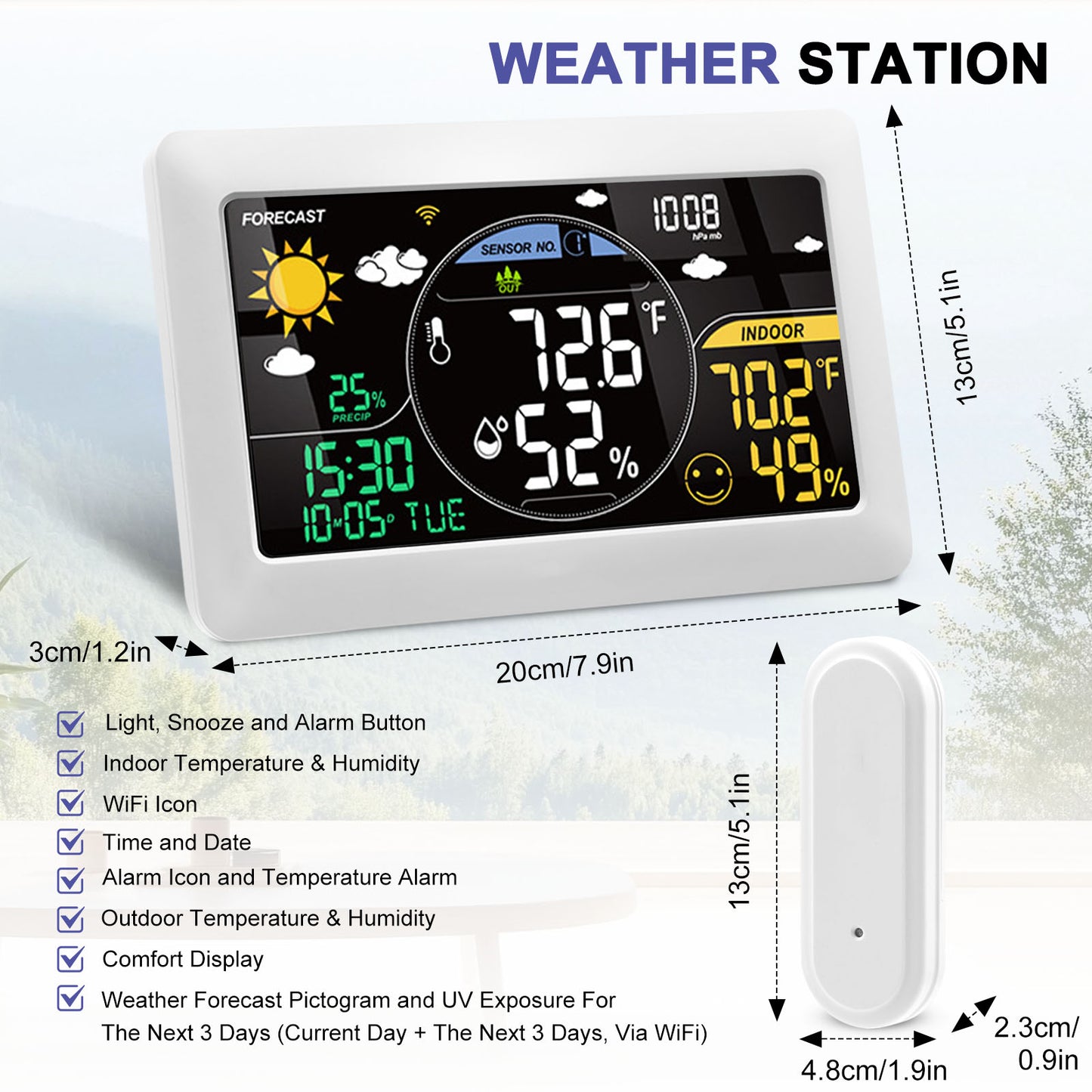 Station Météo Connectée WiFi avec Capteur Extérieur – Thermomètre Hygromètre Intérieur/Extérieur – Écran LCD Couleur, Horloge, Application Mobile