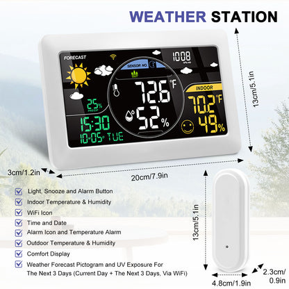 Station Météo Connectée WiFi avec Capteur Extérieur – Thermomètre Hygromètre Intérieur/Extérieur – Écran LCD Couleur, Horloge, Application Mobile