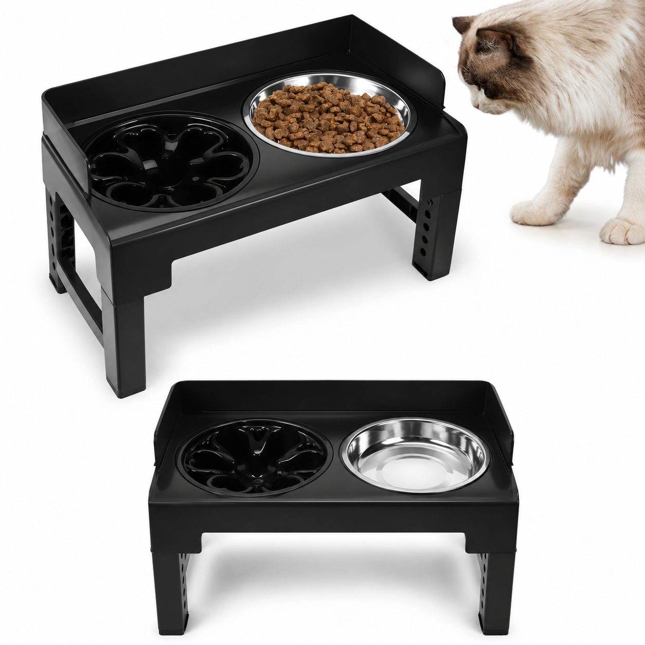 Gamelle Surélevée Réglable pour Chien et Chat avec 2 Bols Inox – Station d'Alimentation Anti-Glouton Hauteur Ajustable