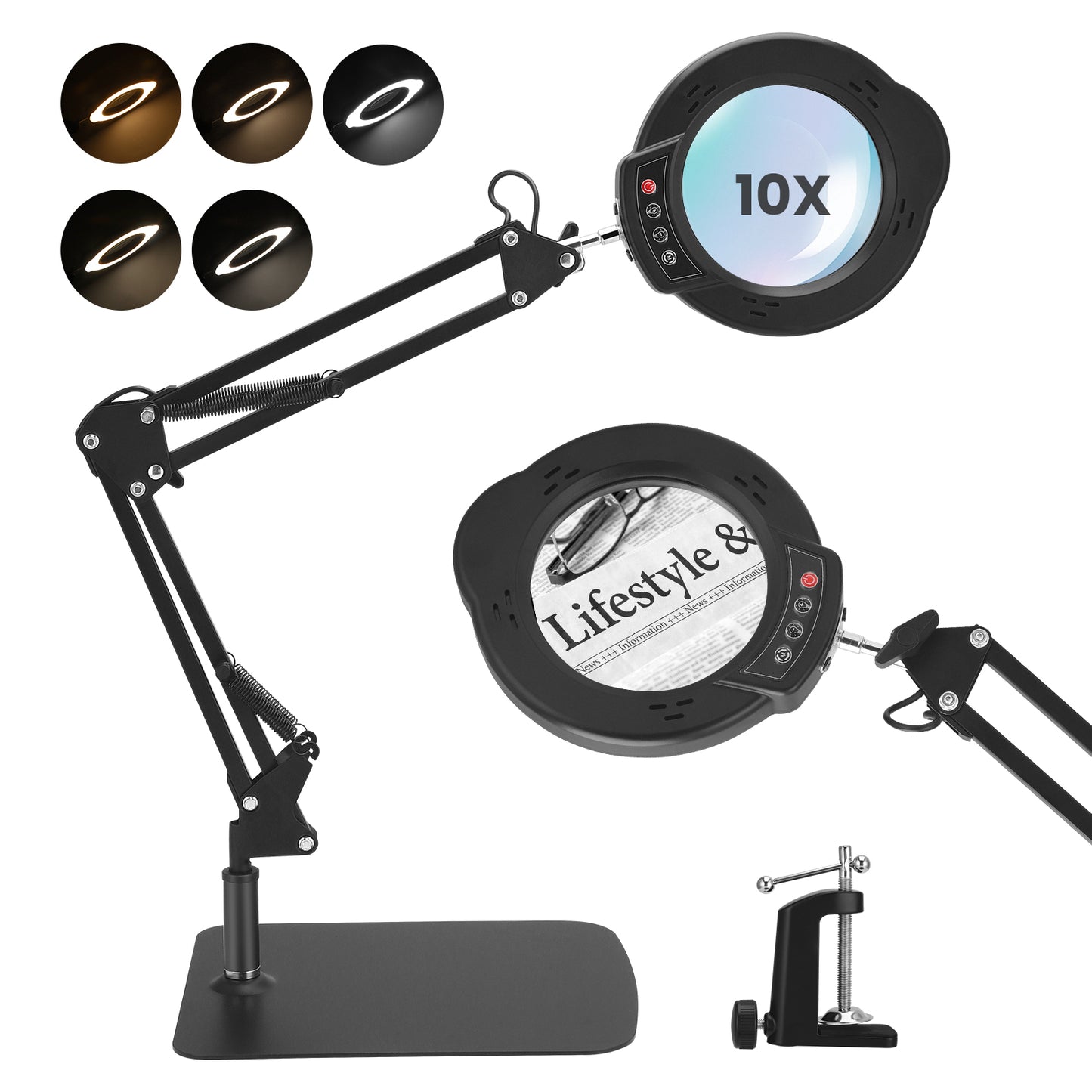 Loupe 10X avec Lampe LED – Bras Articulé avec Pince et Variateur pour Bureau et Réparation
