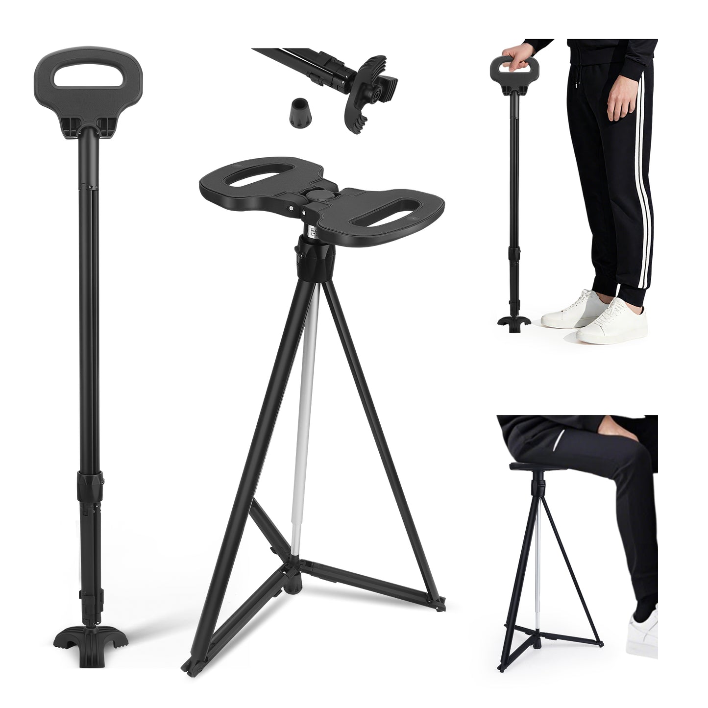 Bâton de Marche 2-en-1 avec Tabouret – Canne Réglable 87-98 cm Aluminium Antidérapante – Randonnée Senior