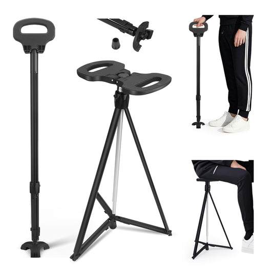 Bâton de Marche 2-en-1 avec Tabouret – Canne Réglable 87-98 cm Aluminium Antidérapante – Randonnée Senior