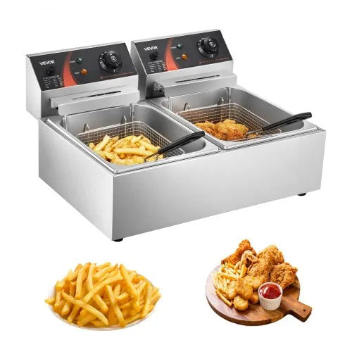 Friteuse Électrique Professionnelle Double Bac 12L Inox 2500W – Friteuse Restaurant Grande Capacité avec Thermostat Réglable