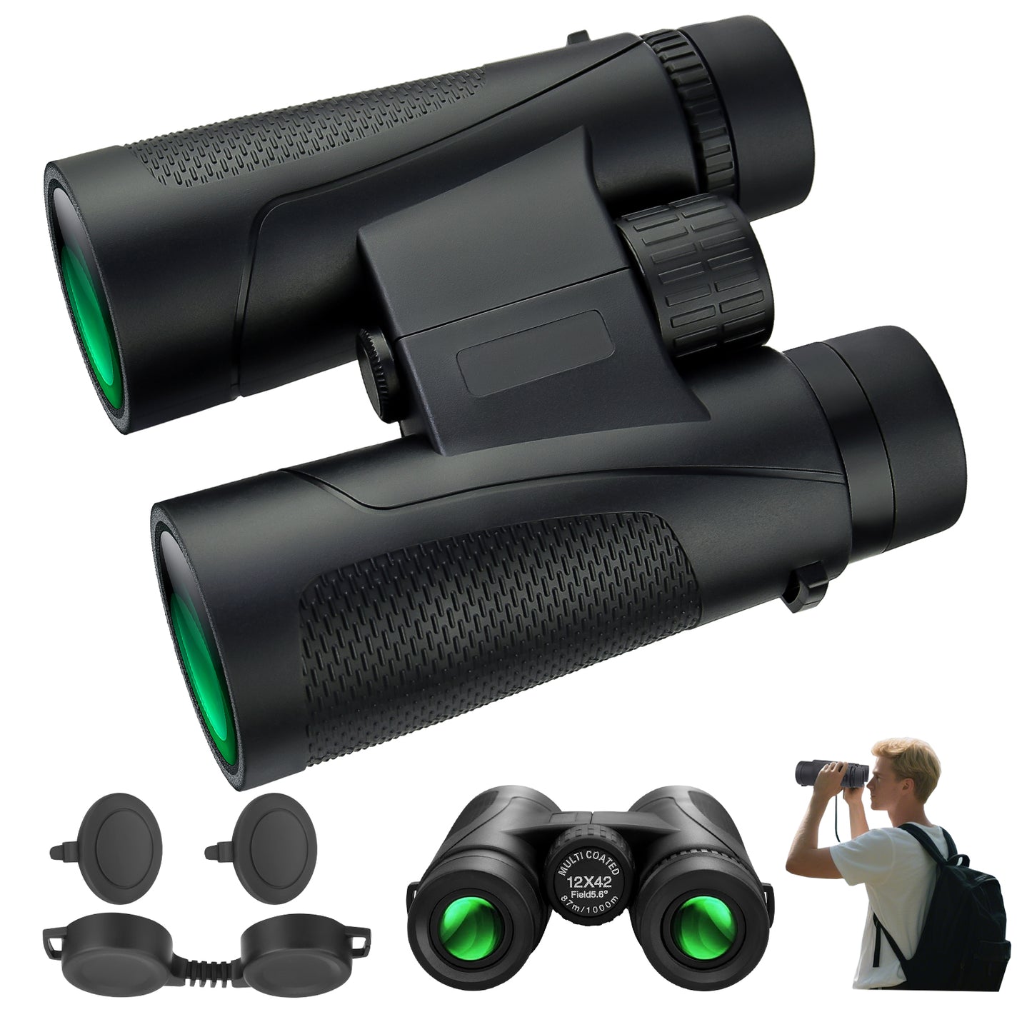 Jumelles 12x42 HD Étanches avec Prisme BAK4 – Vision Longue Distance, Antibuée, Compactes pour Randonnée, Observation Nature et Voyage