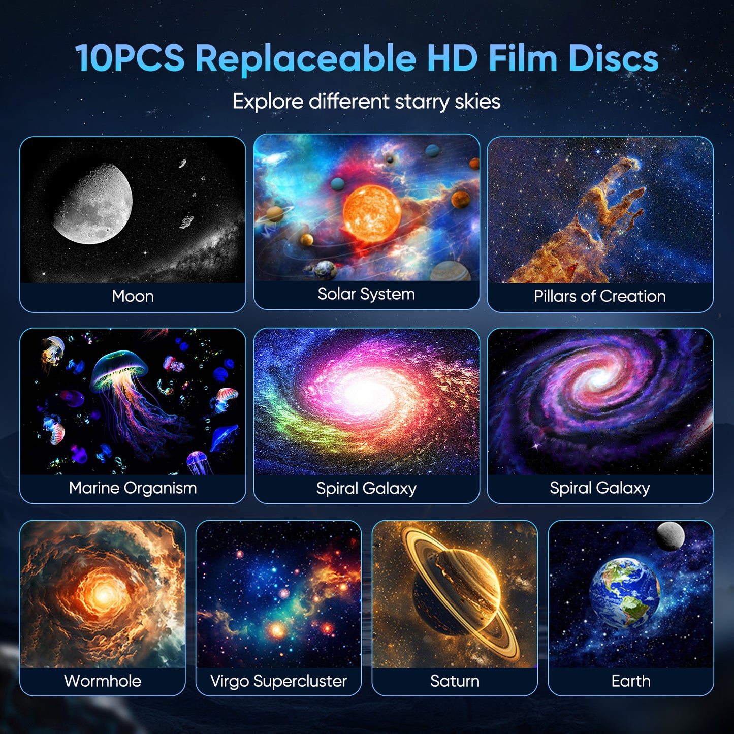 Projecteur Ciel Étoilé LED 360° – Veilleuse Galaxy Rotative avec 10 Disques HD, Lumière Ambiance Chambre Enfant & Adulte