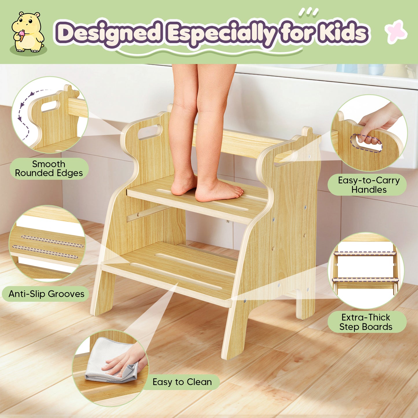 Tabouret Enfant 2 Marches en Bois 4-en-1 – Marchepied Antidérapant Salle de Bain Évier
