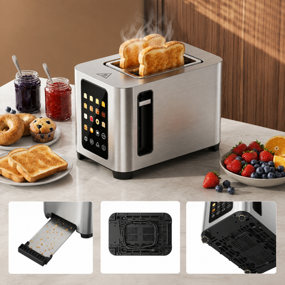 Grille-Pain 2 Tranches Inox – Écran Tactile, 6 Programmes, Fentes Larges, Support Réchauffe-Pain