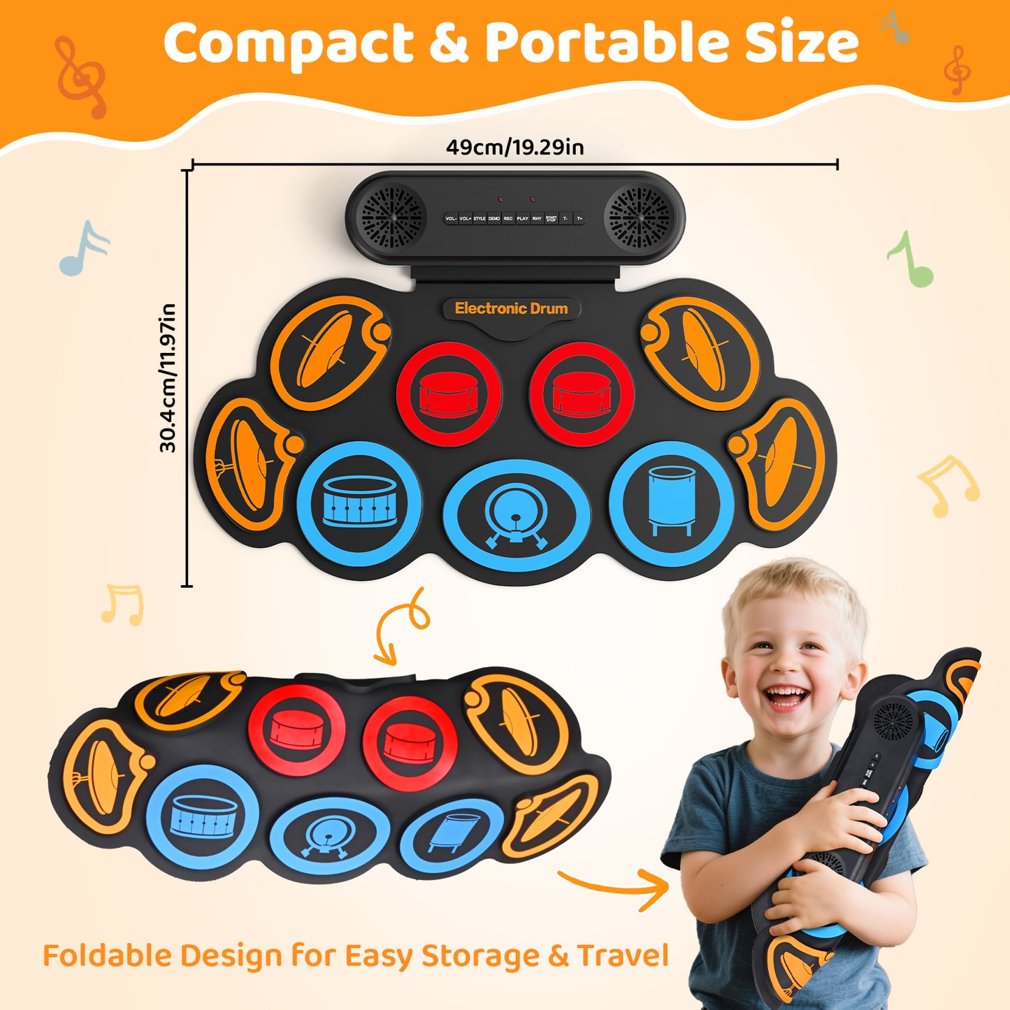 Batterie Électronique Enfant 9 Pads – Tapis de Batterie Musical Bluetooth avec Haut-Parleurs, 7 Styles, 6 Rythmes, Kit Batterie Portable avec Baguettes