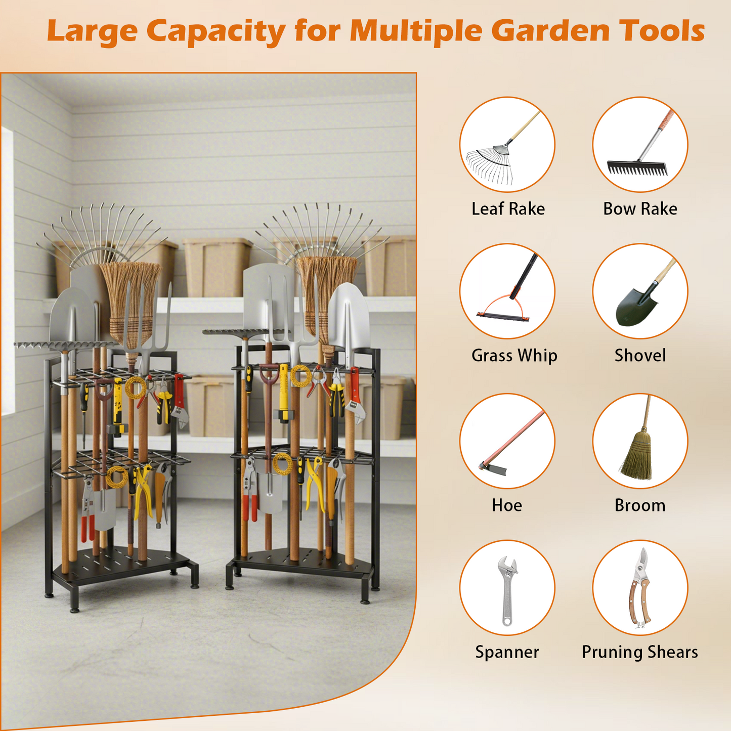 Organisateur Outils Jardin avec Roues – Support Rangement Garage Râteau Pelle Crochets
