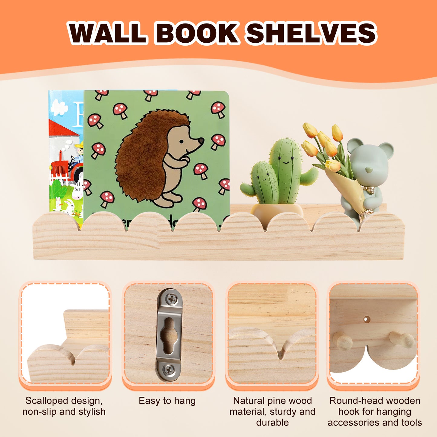 Lot 3 Étagères Murales Montessori 40 cm – Étagère Flottante Enfant Livres Jouets Chambre