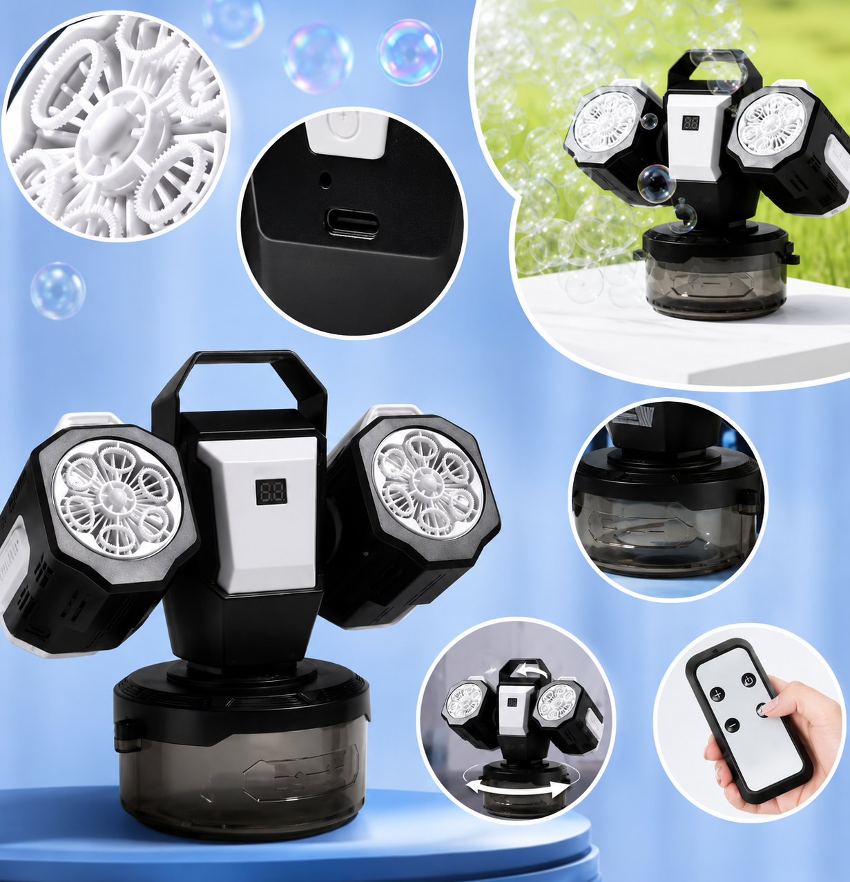 Machine à Bulles Automatique Rechargeable LED RGB Haute Performance – Rotation 360°, Télécommande, USB-C – Fêtes & Événements