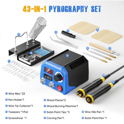 Kit de Pirograbado para Madera 43 en 1 – Estación de Soldadura 220V con 2 Lápices y Accesorios – Herramienta de Grabado en Madera DIY de Precisión – Creación Artística