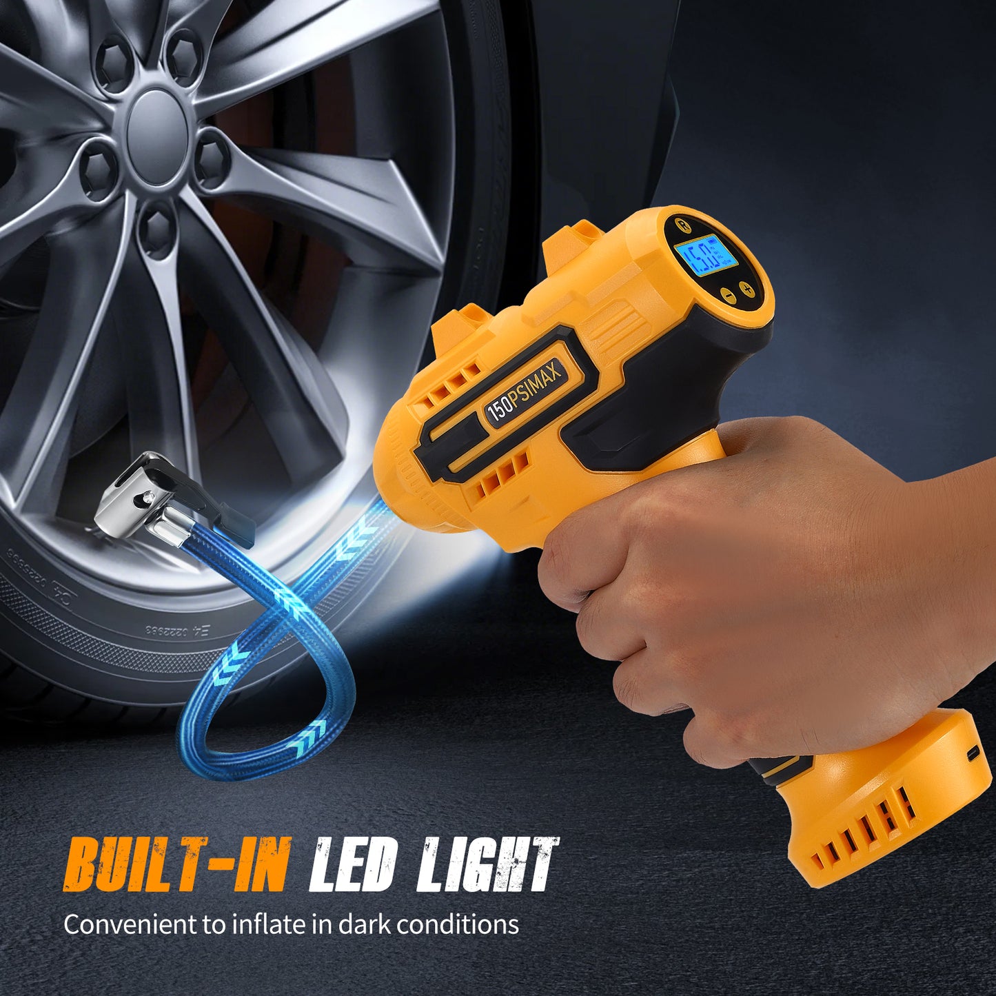 Compresseur d’Air Portable Sans Fil 150 PSI – Pompe Voiture avec 2 Batteries et 4 Embouts