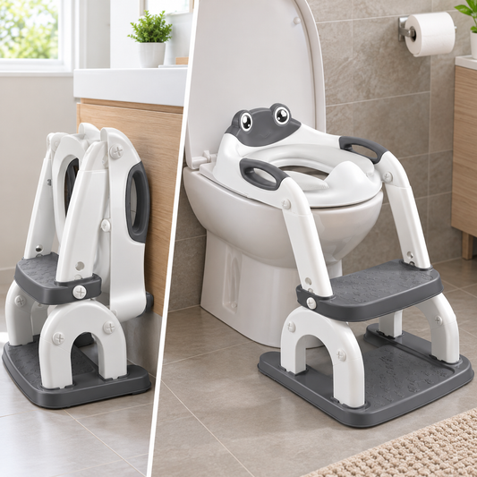 Asiento de inodoro para niños con taburete de 2 escalones – Pedal antideslizante y asas de seguridad – Aprendizaje para ir al baño – Gris