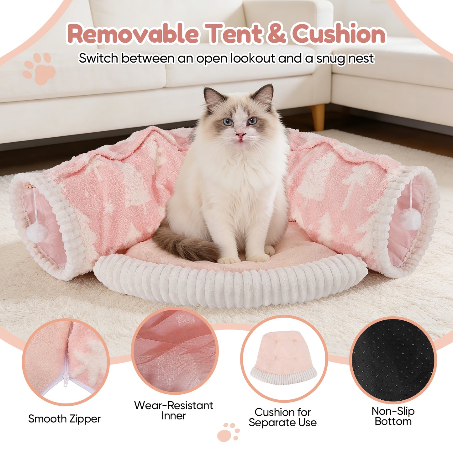 Lit Tunnel Chat 2-en-1 Pliable – Tente Amovible Peluche Douce – Tunnel de Jeu et Repos Chat