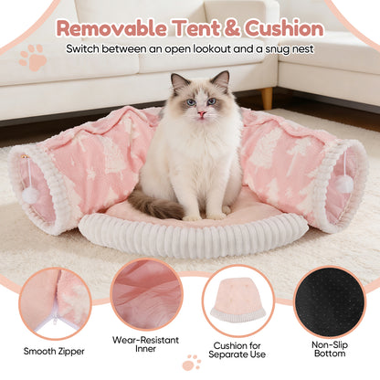 2-in-1 Foldable Cat Tunnel Bed – Removable Soft Plush Tent – Play and Rest Tunnel for Cats