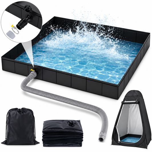 Bac de Douche Pliable Portable 104×104×13 cm – Receveur Étanche PVC avec Tuyau d'Évacuation – Camping, Van & Camping-Car – Noir