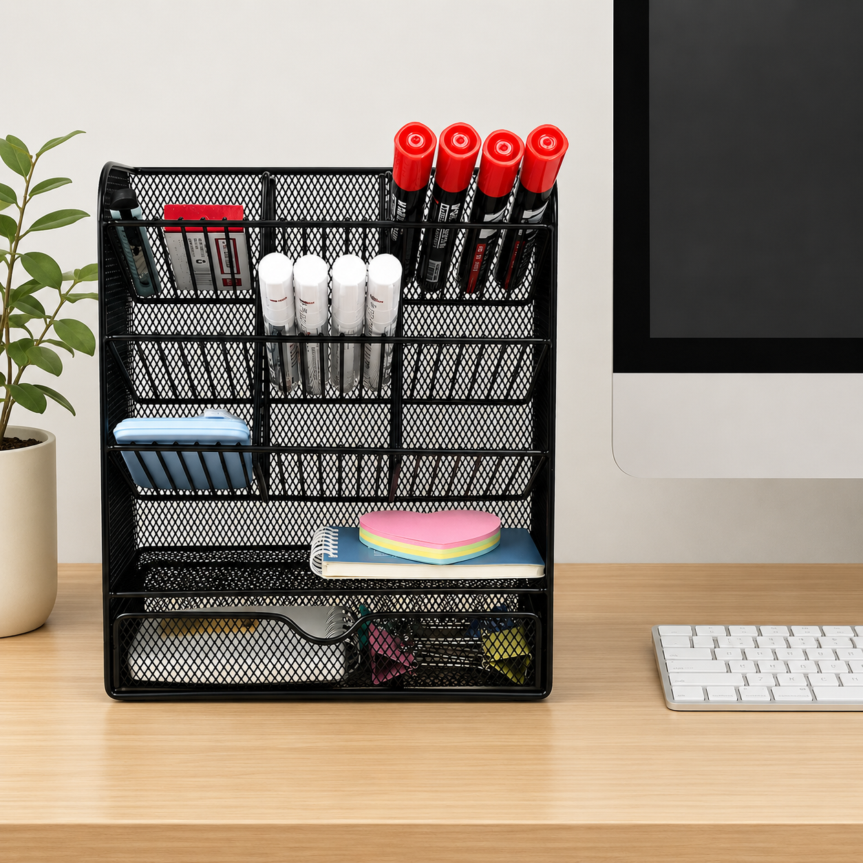 Organisateur de Bureau en Métal avec Compartiments et Tiroir | Range Stylos, Crayons, Fournitures de Bureau | Support de Rangement pour École, Maison et Bureau