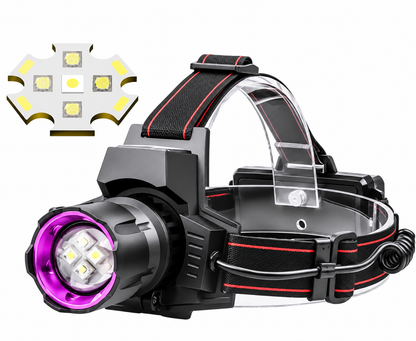Lampe Frontale UV 395 nm & LED Blanche Rechargeable – Zoomable, Batterie 5200 mAh – Détection UV, Pêche, Camping & Extérieur