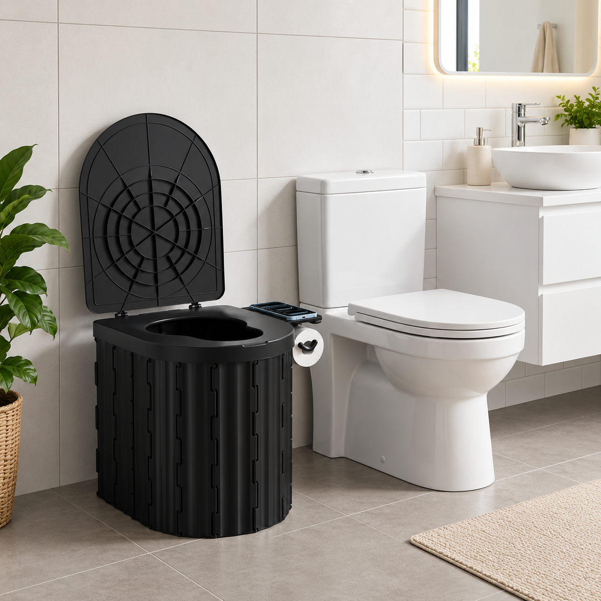 Toilette Portable Pliable avec Couvercle – WC de Camping Compact ABS – Voyage, Randonnée, Van & Urgence – Noir