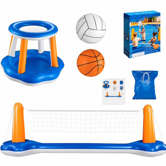 Jeu Gonflable Piscine 2 en 1 – Filet Volleyball + Panier Basket Aquatique | Adultes & Enfants