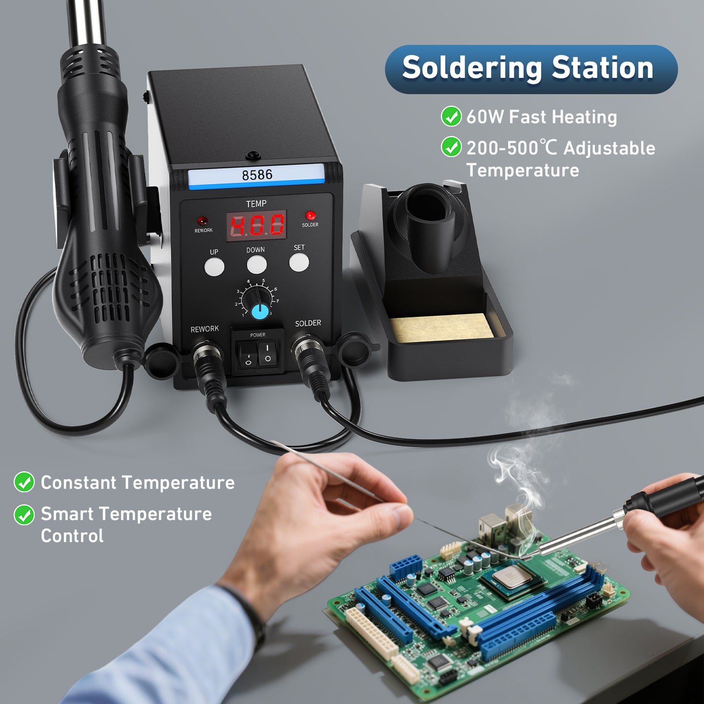 Station de Soudage 2 en 1 Numérique – Fer à Souder + Pistolet Air Chaud Antistatique SMD