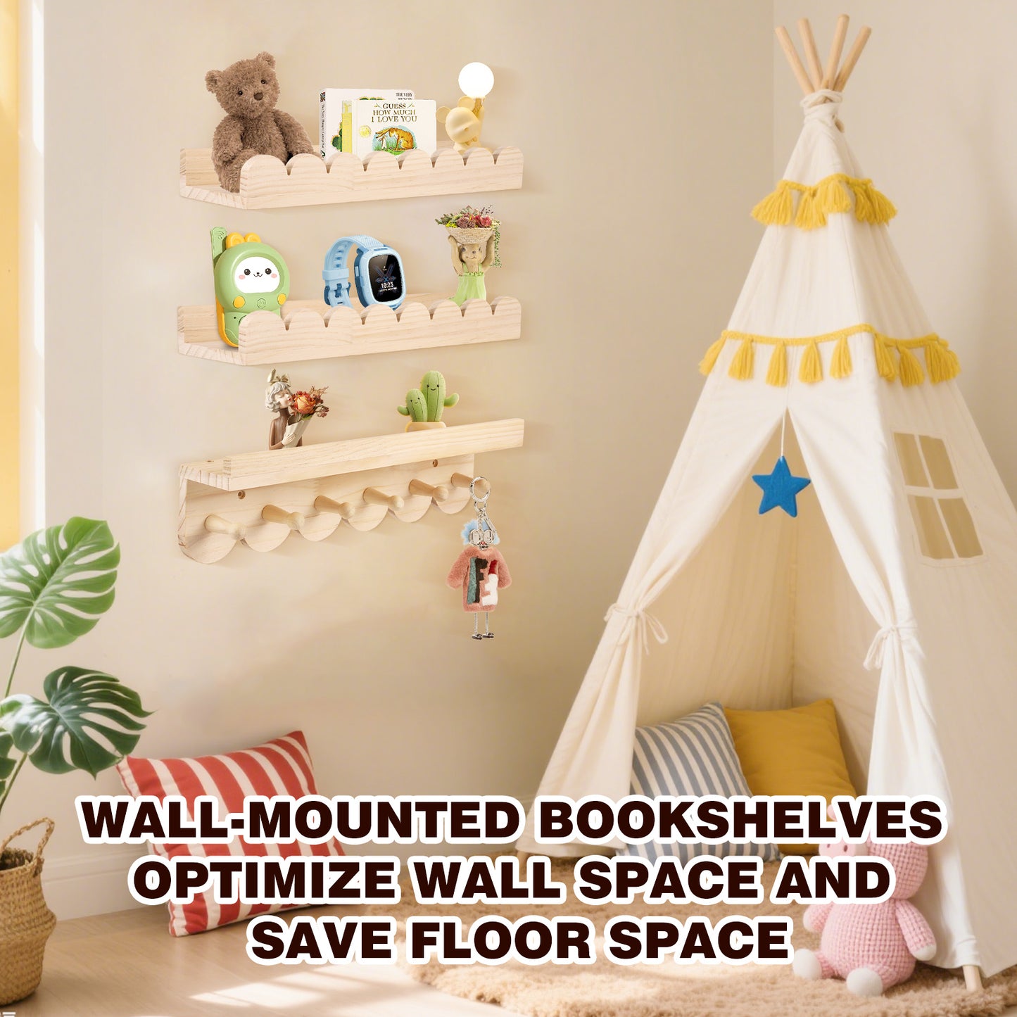 Lot 3 Étagères Murales Montessori 40 cm – Étagère Flottante Enfant Livres Jouets Chambre