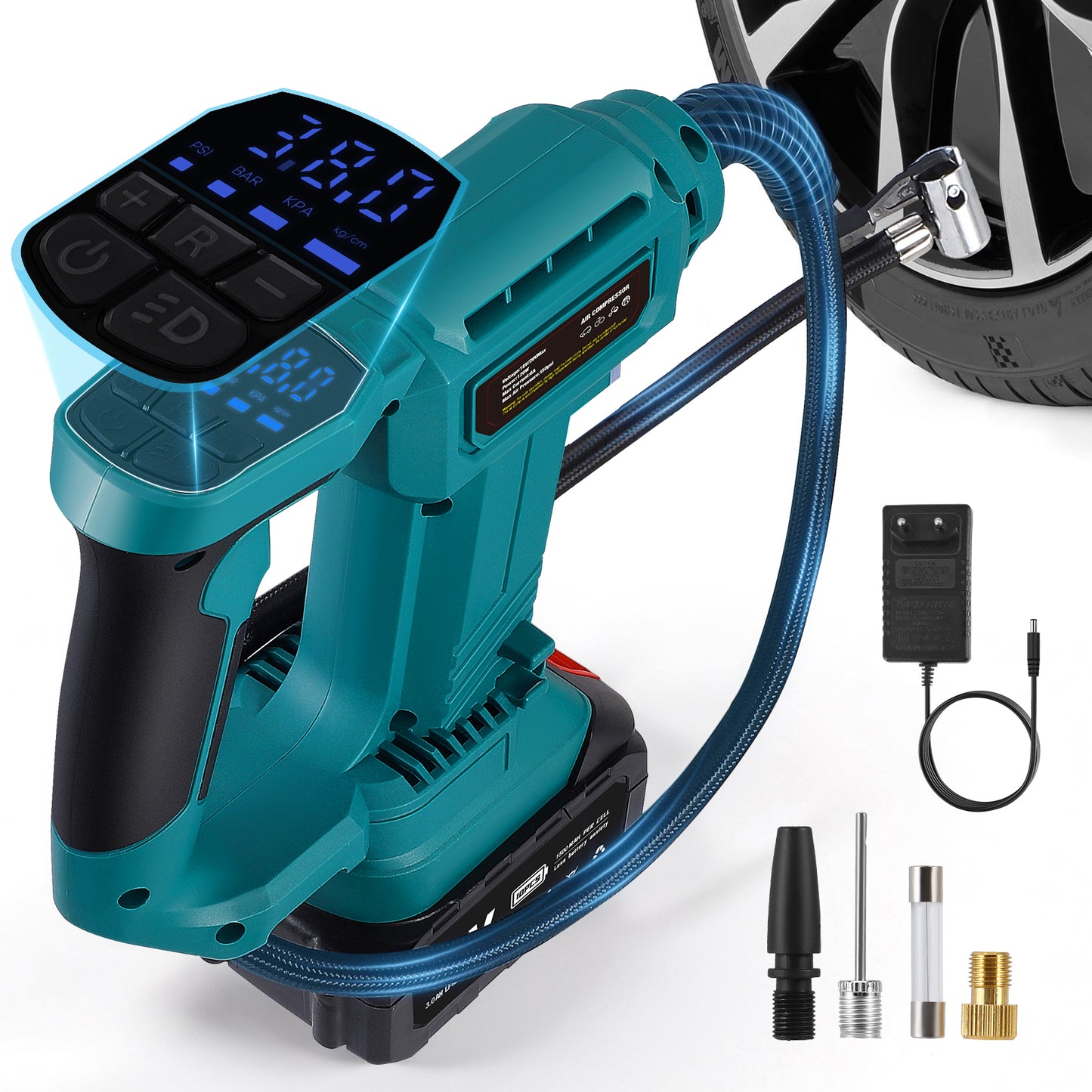 Gonfleur Pneus Sans Fil Rechargeable 21V – Compresseur d’Air Portable Électrique avec Écran LCD – Pompe à Air Voiture Moto Vélo Ballon