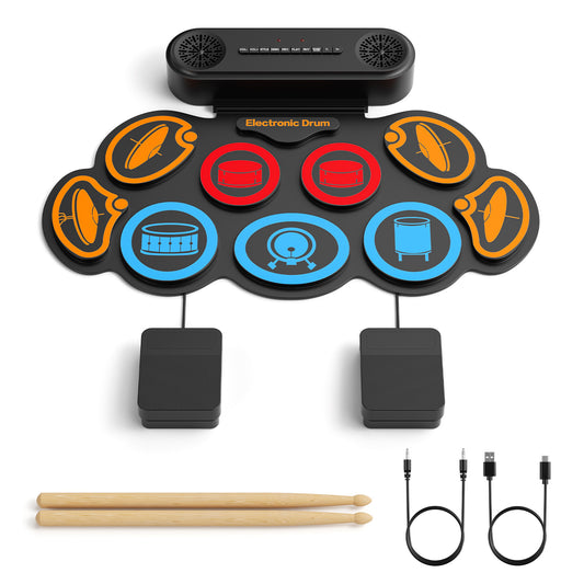 Batterie Électronique Enfant 9 Pads – Tapis de Batterie Musical Bluetooth avec Haut-Parleurs, 7 Styles, 6 Rythmes, Kit Batterie Portable avec Baguettes