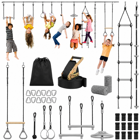 Kit Parcours Ninja Slackline 15m pour Enfants – Échelle, Anneaux, Barre de Trapèze & Accessoires – Jeux Extérieurs Jardin
