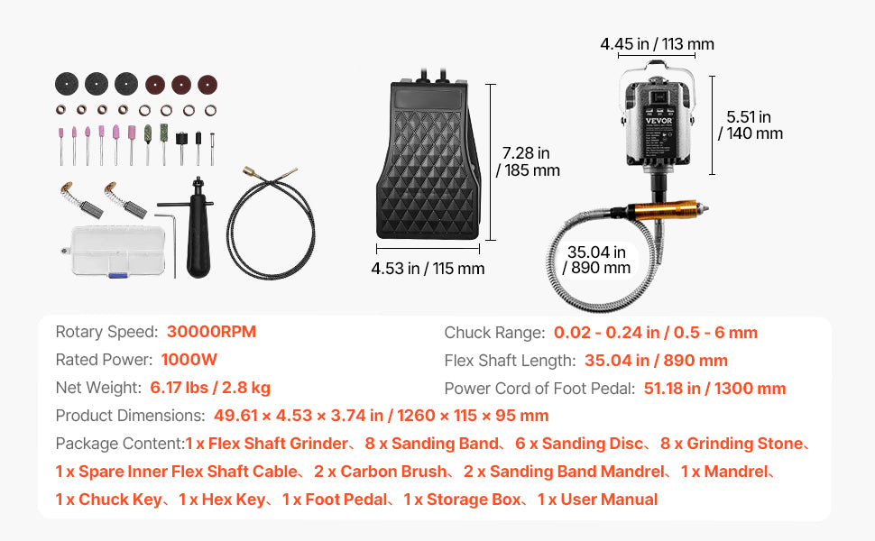 Meuleuse électrique à arbre flexible 1000W, outil rotatif multifonction 30000 tr/min avec pédale et accessoires, kit pour sculpture, perçage, polissage et gravure