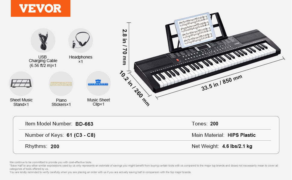 Clavier Piano Numérique 61 Touches – Piano Électronique Portable avec Support, Casque, Microphone, 200 Rythmes, Haut-parleurs Intégrés