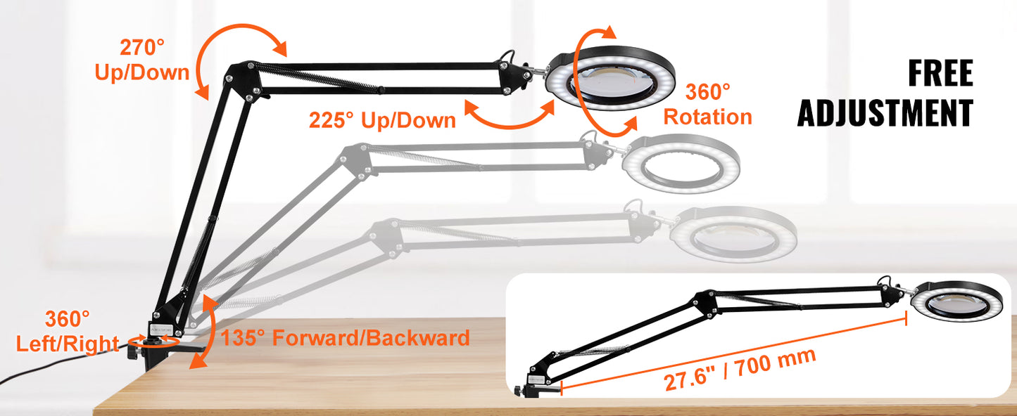 Lampe Loupe 5X avec 64 LED – Lentille Verre 4,3" – Loupe de Bureau à Base ou Pince – Éclairage LED