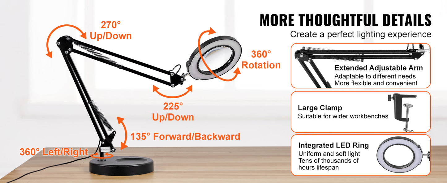 Lampe Loupe 5X avec 64 LED – Lentille Verre 4,3" – Loupe de Bureau à Base ou Pince – Éclairage LED