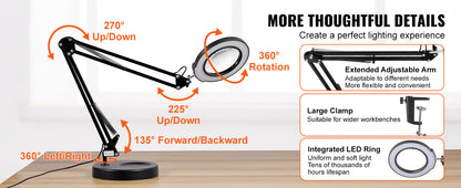 Lampe Loupe 5X avec 64 LED – Lentille Verre 4,3" – Loupe de Bureau à Base ou Pince – Éclairage LED