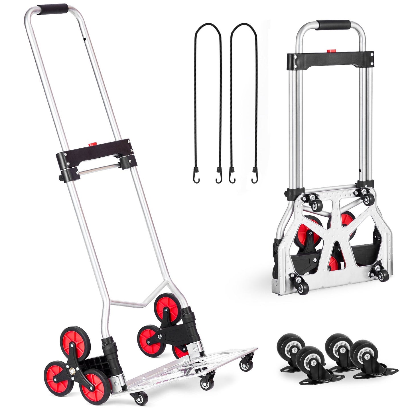 Chariot Diable Pliant 260 lb – Poignée Télescopique – Dolly d’Escalier avec 2 Sangles Élastiques