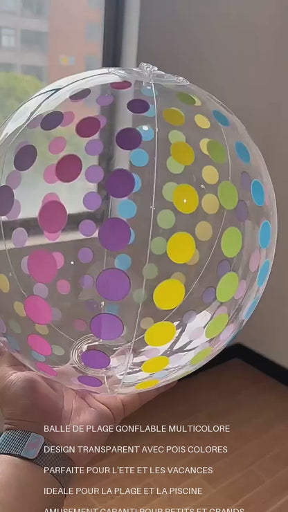 Pelota de playa hinchable de 40 cm – Transparente con lunares multicolor – Piscina, jardín y playa