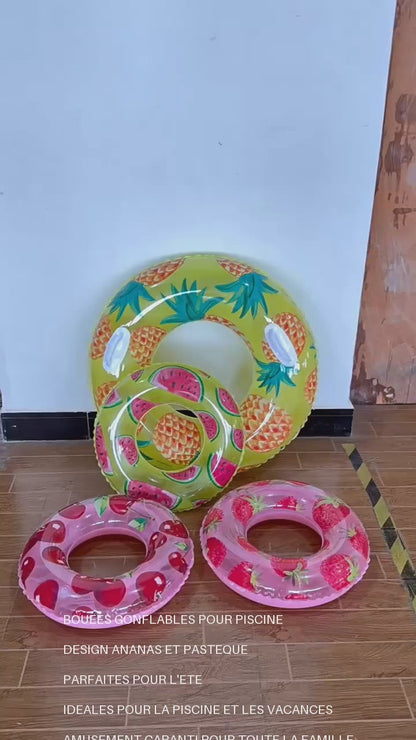 Bouée Gonflable Adulte Motif Fraise & Cerise avec Poignées – Anneau Natation Piscine Plage Été