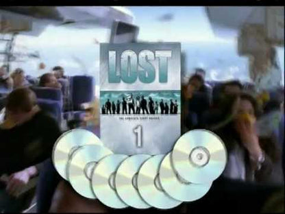 LOST – Les Disparus, publicité originale anglaise du DVD de la saison 1. Aperçu de la saison pour les volumes 1 à 6 ; le coffret vendu est incomplet, volume 7 manquant.