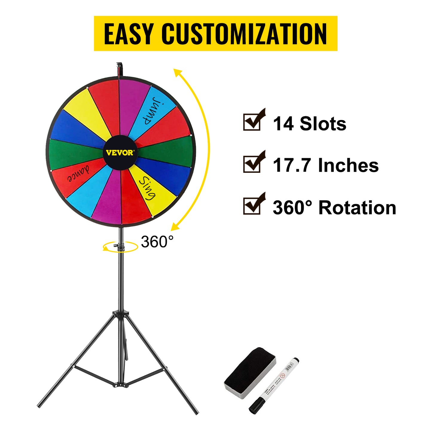 Roue de la Fortune 18 Pouces avec Trépied Pliable – 14 Emplacements Effaçables – Jeu de Support Rotatif pour Animations, Événements et Tirages au Sort
